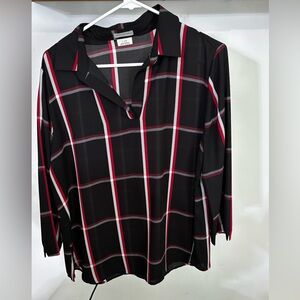 Van Heusen Black Red White Plaid Sheer Tunic Top Collared V-neck Blouse Sz L